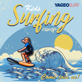 可能是 1 人和顯示的文字是「 Surfing camp Kids YAGEOSURF Oeamp Come join us! 」的卡通